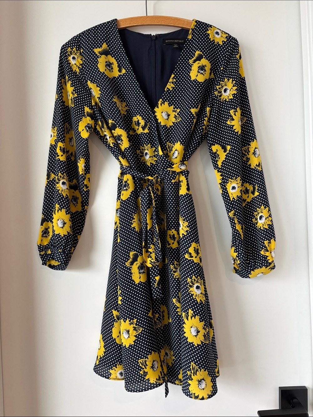 Banana Republic Navy Dress with Yellow Floral and White Polka Dots